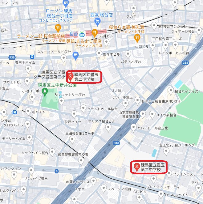 練馬区立豊玉第二小学校と豊玉第二中学校の地図